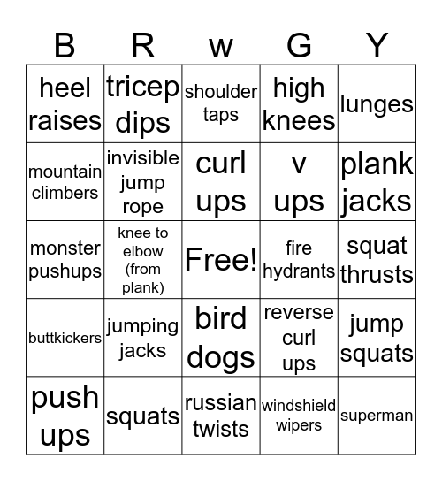 P.E. Bingo Card