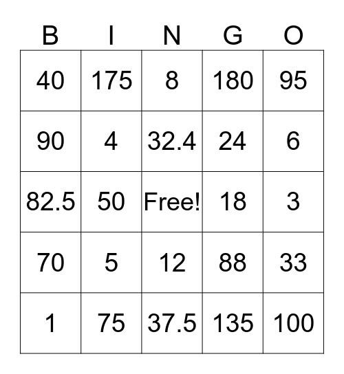Percents/Proportions Review Bingo Card