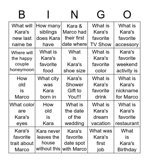 Kara's Bridal Shower Bingo Card