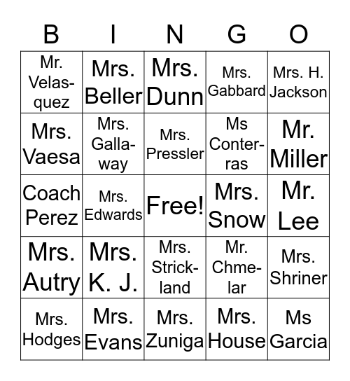 FIS Special People in YOUR Life!!  Bingo Card