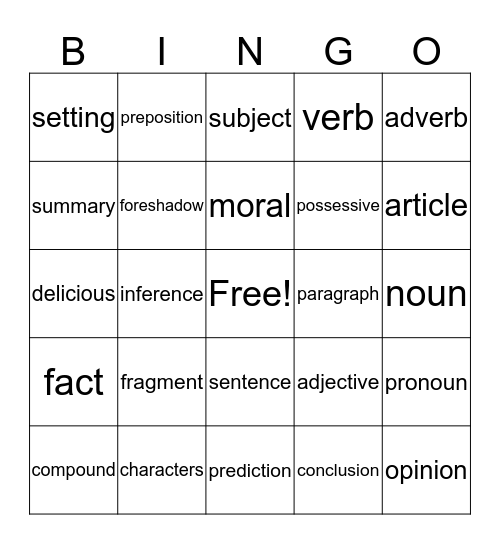 ENGLISH Bingo Card