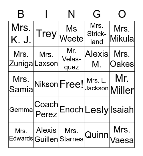 F.I.S. Special People in YOUR Life!!  Bingo Card