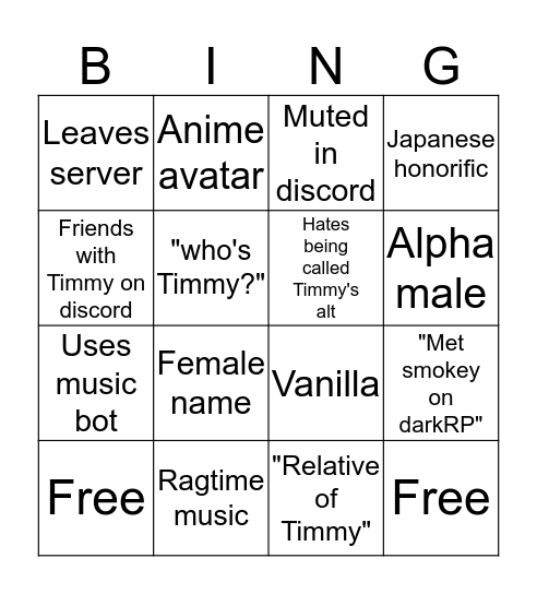 Timmy's alt bingo Card