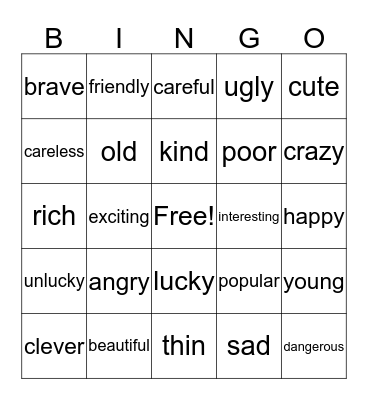 English Bingo Card