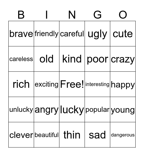 English Bingo Card