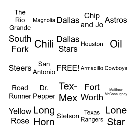 TEXAS Bingo Card