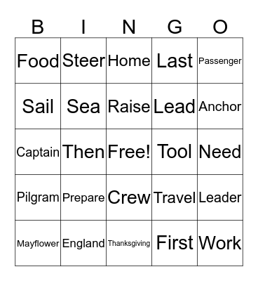 The Mayflower Vogage Bingo Card