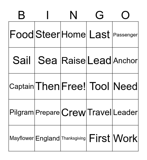 The Mayflower Vogage Bingo Card