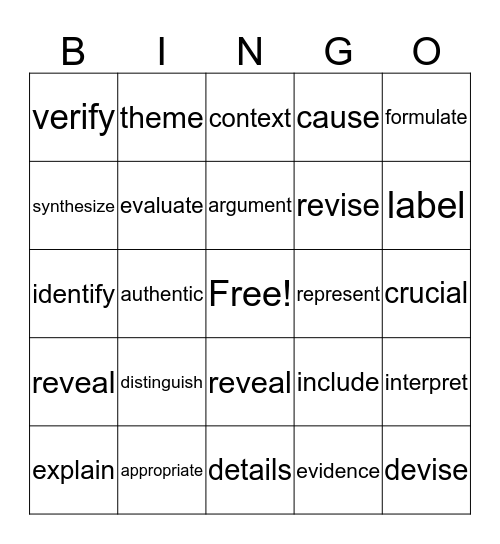 Academic Vocabulary Bingo Card