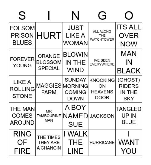 449 JOHNNY CASH VS BOB DYLAN Bingo Card
