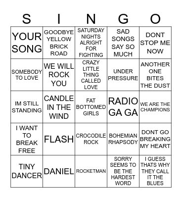 451 ELTON JOHN VS QUEEN Bingo Card