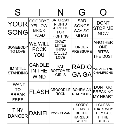 451 ELTON JOHN VS QUEEN Bingo Card