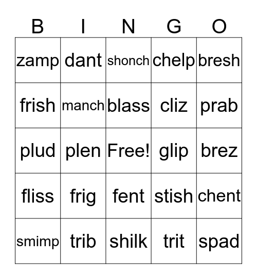 Beginning and ending blends nonsense words Bingo Card