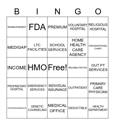 Healthcare Systems and Insurance BINGO Card