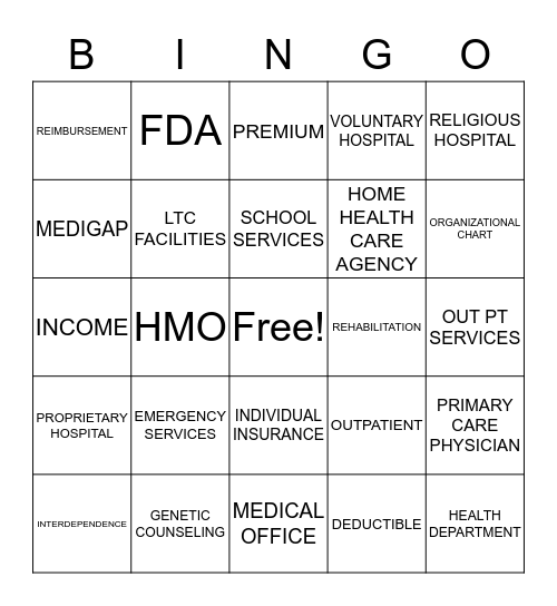 Healthcare Systems and Insurance BINGO Card