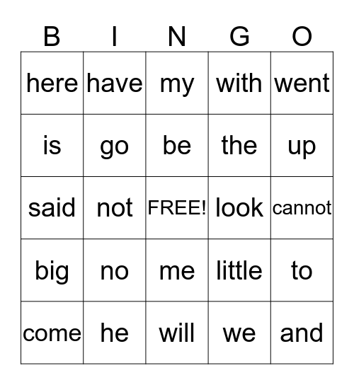 SITE WORD BINGO Card