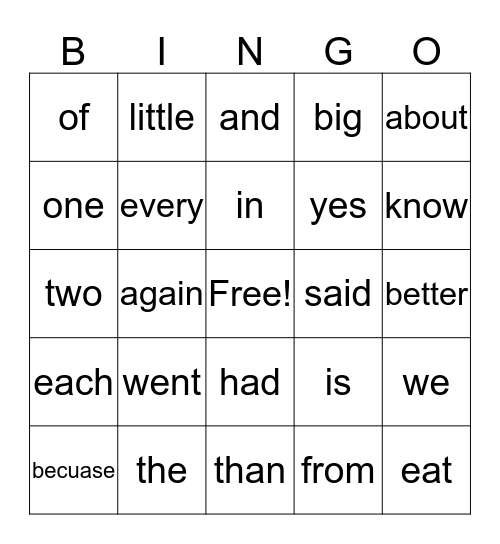 1-Perdomo Sight Word Bingo  Bingo Card