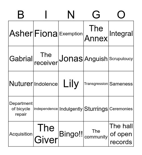 Giver Bingo!! Bingo Card