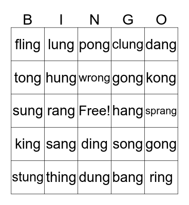 -ng word family  Bingo Card