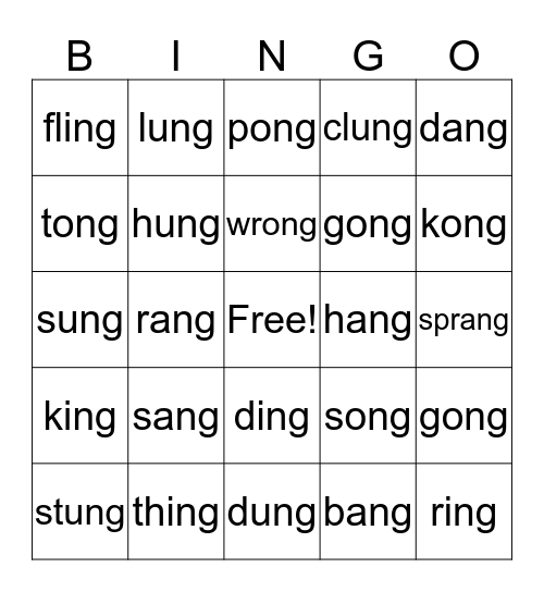-ng word family  Bingo Card