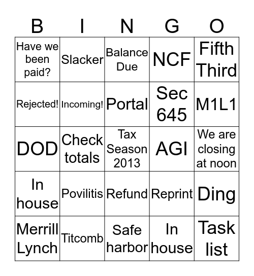 Goodbye Tax Season 2013 Bingo Card