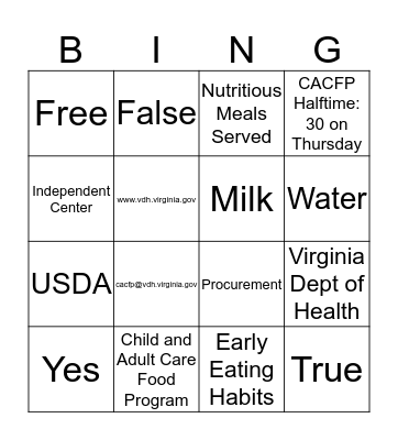 CACFP BINGO Card