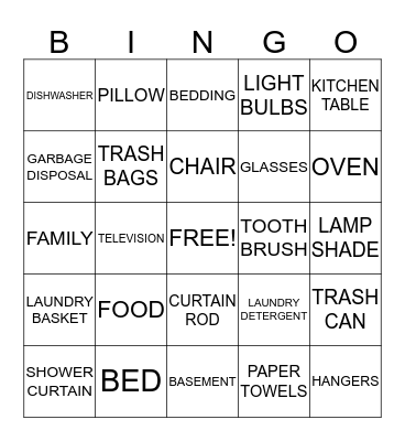 Clemons Family Housewarming Bingo Card