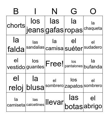 Spanish Clothes Bingo Card