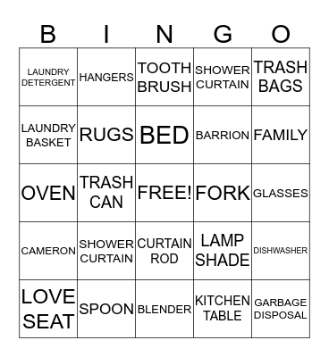 Clemons Family Housewarming Bingo Card
