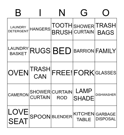 Clemons Family Housewarming Bingo Card