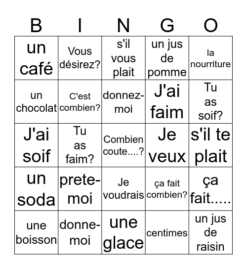 Au Café Bingo Card