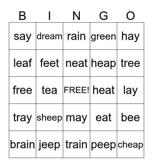 ai, ay, ea, ee Bingo Card