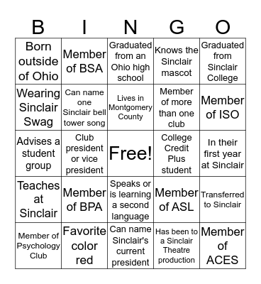 Student Leadership Institute BINGO Card