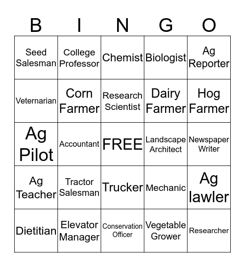 Agriculture Career Bingo Card