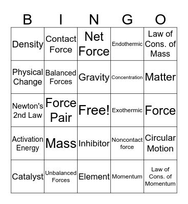 Physical Science Bingo Card