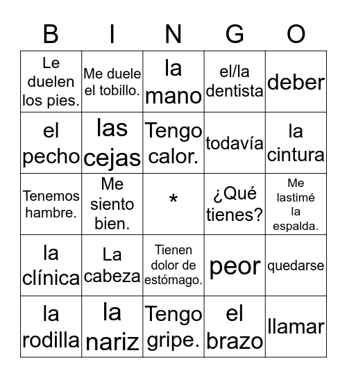 VOCABULARIO DEL CAPÍTULO 9 Bingo Card