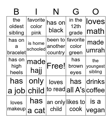 Teen Formal Bingo Card