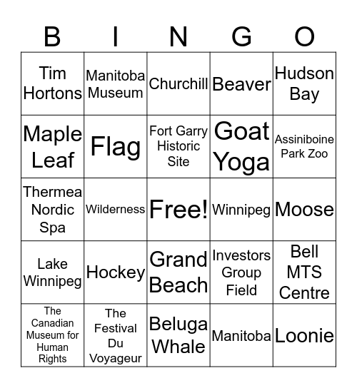 Manitoba and Winnipeg. Places to visit. Bingo Card
