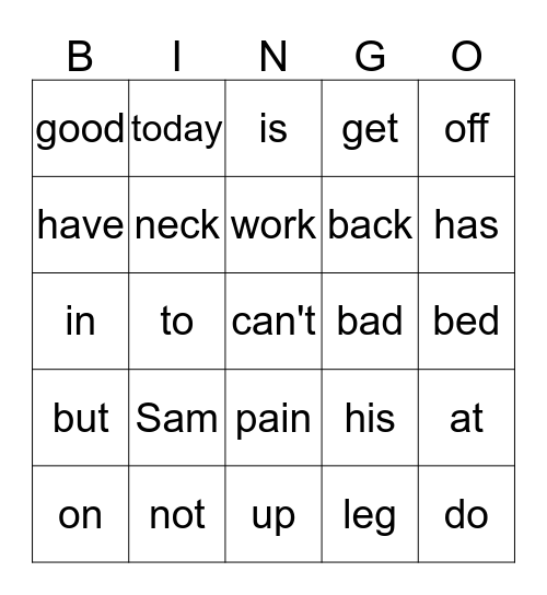 SAM HAS A PAIN IN HIS BACK Bingo Card