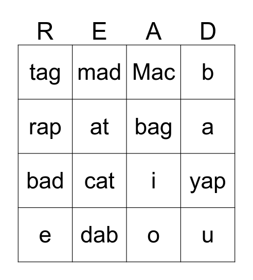 short a and letters Bingo Card