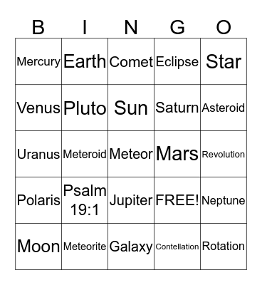 Journey Through Space Bingo Card