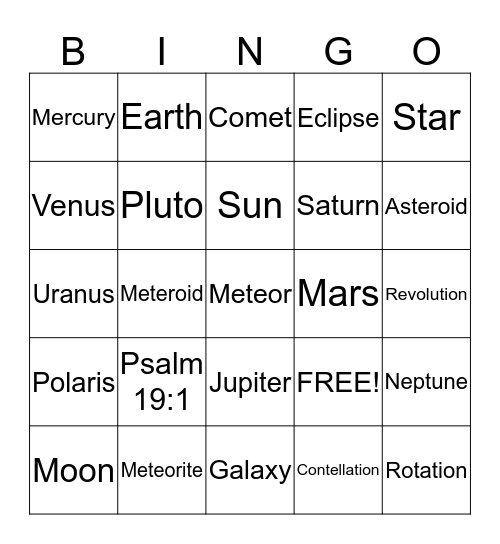 Journey Through Space Bingo Card