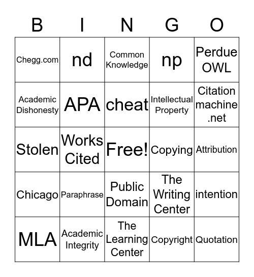 Plagiarism Bingo Card