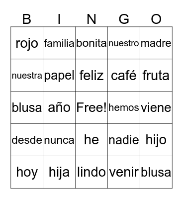 Bingo - Palabras de Alta Frecuencia Bingo Card