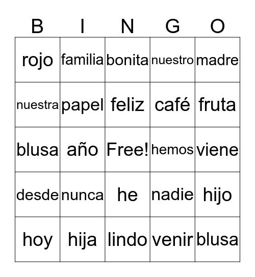 Bingo - Palabras de Alta Frecuencia Bingo Card