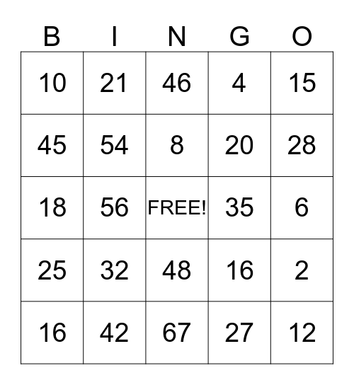 Multiplication Bingo Card