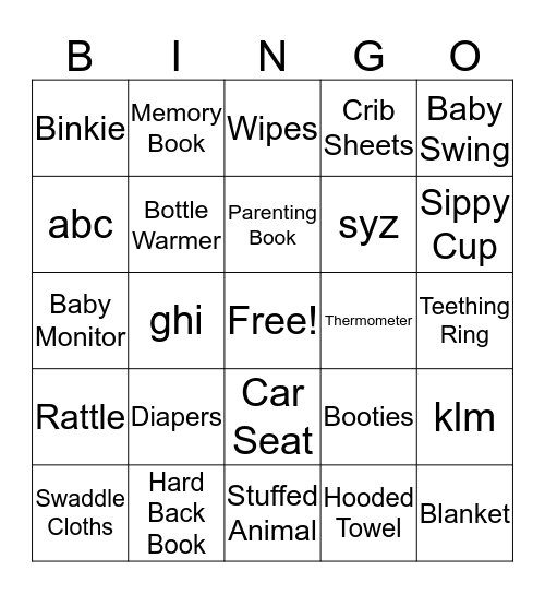 Baby Shower Bingo Card