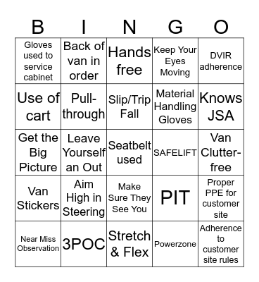 Route Ride Safety Bingo Card