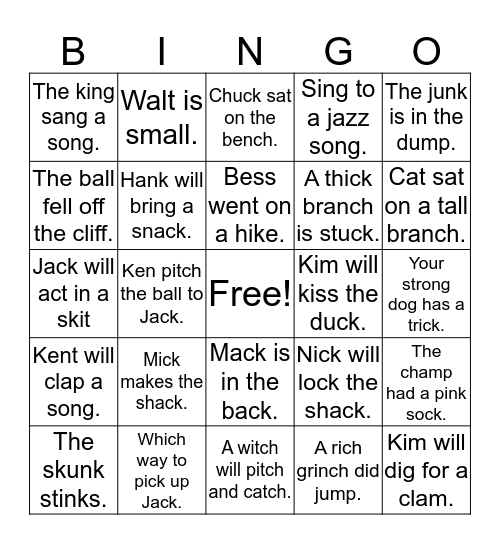 Rule Review: Phrases (units, -ck, z-floss, c-/k-, -tch) Bingo Card