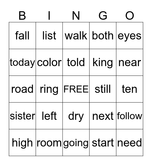 Zakiarah's Sight Word Bingo Card
